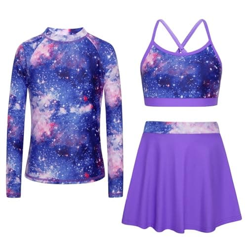 Seanrui Swimsuit Long Sleeve Rash Guard Swimwear with High Waisted Swim Shorts Bathing Suit 6-7Y Purple Starry Sky - Image 1