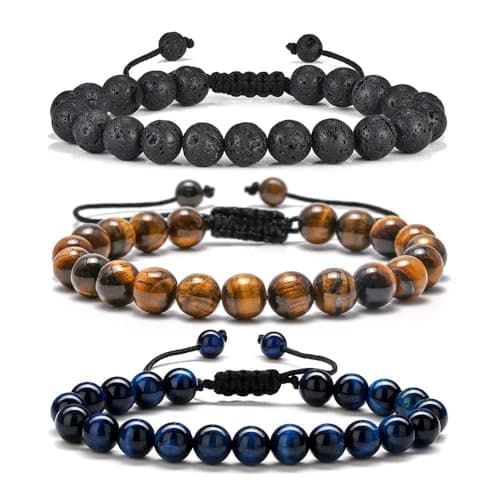 M MOOHAM Gifts for Male Coworkers Mens - Natural Black Lava Rock Stone Mens Anxiety Tiger Eye Bracelets Adjustable Aromatherapy Essential Oil Diffuser Healing Bracelet - Image 1