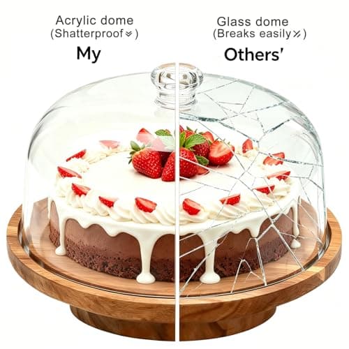 cutesun Cake Stand with Lid, Rotating Cake Stand with Lid & Dome, 11.8'' Acacia Wood Shatterproof 10.4'' Acrylic Cake Display Stand for Wedding, Birthday, Parties - Thumbnail 2