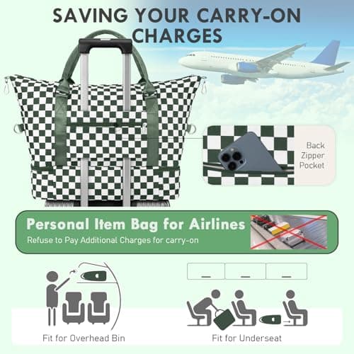 WOOMADA Weekender Overnight Bag for Women, Shoulder Travel Duffel with Shoes Compartment,Gym Bag with Toiletry Bag Large Size(Army Green Checkerboard) - Thumbnail 6