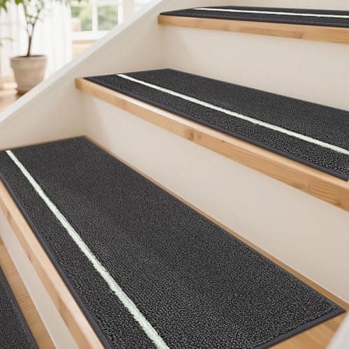 JSEI Stair Treads for Wooden Steps Indoor with Glow in The Dark Stripe, 4 Pack 9" X 28" Non-Slip Washable Carpet Stair Mats with TPE Backing, Polyester Stair Rugs for Kids Elders & Pets, Dark Grey