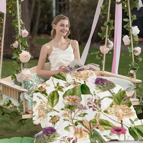 yuboo Spring Green Watercolor Floral Throw Blanket, Soft Flannel Blanket Gifts for Women Kids Girls, Gift for Home Business Travel Botanical Home 50 x 60 Inch - Thumbnail 3