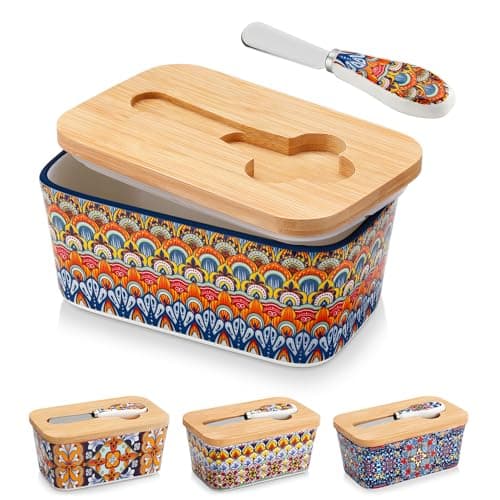 vancasso SIMI Butter Dish with Lid, 6.5" Large Butter Dish for Countertop, Bohemian Ceramic Butter Keeper Container with Knife and Bamboo Lid, Butter Holder for Counter, Regal Bloom - Image 1