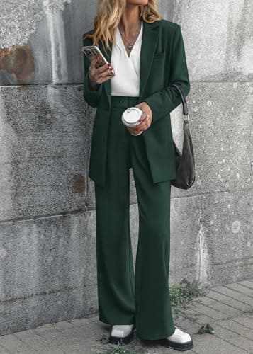 KIRUNDO Women Suits 2 Piece Set Business Casual Dressy Oversized Blazer Jacket and Wide Leg Dress Pantsuits Formal Outfits(Dark Green, XX-Large) - Thumbnail 2