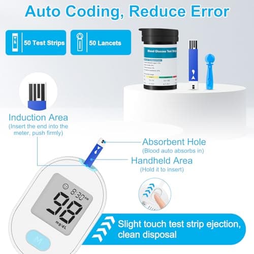 Blood Glucose Monitor Kit, Blood Sugar Testing kit with 50 Blood Sugar Test Strips, 50 Painless 33G Lancets, 1 Blood Glucose Meter, 1 Lancing Device, Medical Accuracy, 5-Second Results, No Coding & Auto Eject, Glucometer Kit for Diabetes Testing for Home/Travel Use - Thumbnail 5