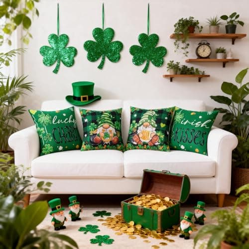 REBANDEN St. Patrick's Day Pillow Covers Decoration 18 x 18 inches 4-Piece Set Green Pillow Covers Lucky Clover Spring Pillow Covers Sofa Home - Thumbnail 5