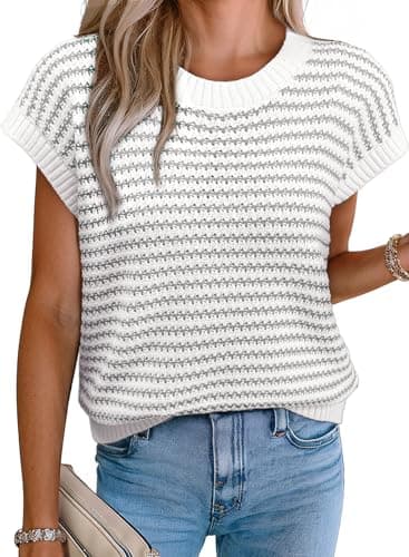 EVALESS Women's Sweater Cap Sleeve Round Neck Basic Loose Fit Ribbed Knit Pullover Striped Sweaters 2026 Clothes Gray XX-Large - Image 1