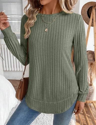 JUSTFASHIONNOW Womens Sweaters Trendy Lightweight Casual Long Sleeve Shirts 2025 Crewneck Fall Tunic Tops Loose Fit Dressy (Army Green, Small) - Thumbnail 4