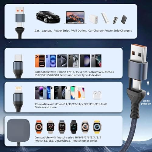Multi Charger Cable for iWatch Charger, 3-in-2 USB A/C Cord 6FT for iPhone - Thumbnail 5