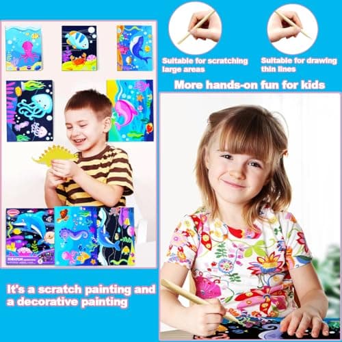 BAOXUE Scratch Art for Kids, Sea Black Rainbow Scratch Paper Set-Arts and Crafts & Supplies, DIY Activity & Party Games, Magic Paper Gifts for Toddlers, Girls, Boys - Thumbnail 5