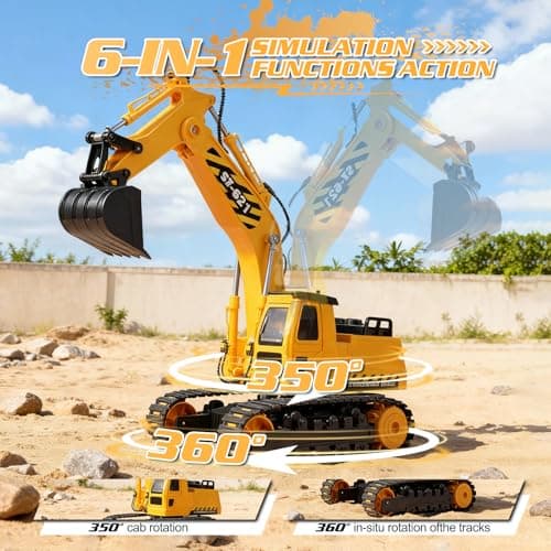 DOUBLE E Remote Control Excavator Toy, 2*Batteries 2.4GHz RC Excavator, 6-in-1 Digging/360° Rotation, 20M Range Sandbox Construction Toys Birthday Gift for Boys/Kids 6+ Years - Thumbnail 2