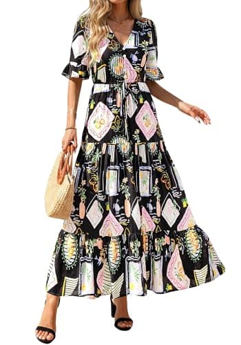 BTFBM Boho Dresses for Women 2026 Summer Spring Casual Floral Short Sleeve V Neck Flowy A-Line Maxi Party Dress Pockets(Floral Black Multi, Medium) - Image 1