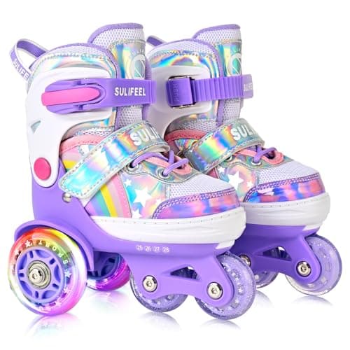 SULIFEEL Rainbow Unicorn 4 Size Adjustable Light up Toddler Roller Skates for Girls and Boys for Toddler Purple X-Small - Image 1