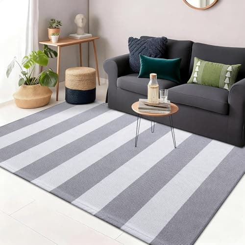 OLANLY Grey and White Striped Rug 3' x 5' – Washable Cotton Indoor Outdoor Doormat for Front Door, Entryway, Kitchen, Porch, Patio Decor - Image 1