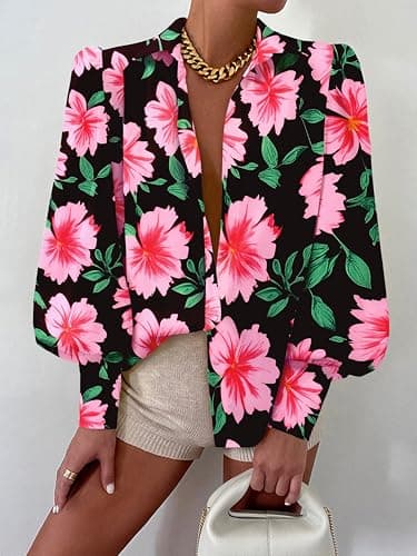 BTFBM Women Fashion Button Down Shirts 2026 V Neck Boho Printed Long Sleeve Blouses Dressy Casual Spring Fall Tops(Big Floral Black Pink, Medium) - Thumbnail 2