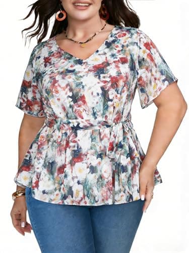 Plus Size Floral Womens Tops Short Sleeve Blouses for Women Elegant V Neck Dressy Casual Shirts with Belt White - Image 1