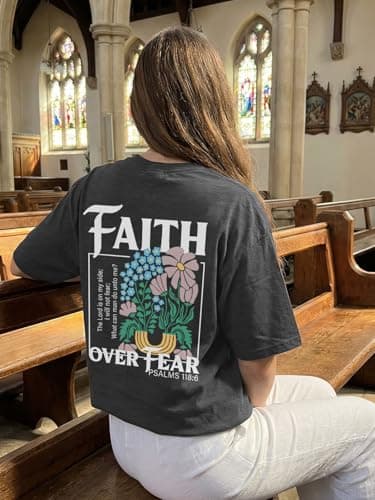 Christian Shirts for Women Oversized Faith Over Fear Boho Tops God Bible Verse Inspirational Tees Jesus Religious Gifts - Thumbnail 3