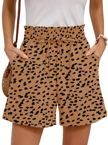 Moodclo High Waisted Wide Leg Shorts Almond Leopard Medium with Pockets Ladies Comfy Linen Work Summer Casual Drawstring Beach Vacation 2025 Trendy Outfits - Image 1