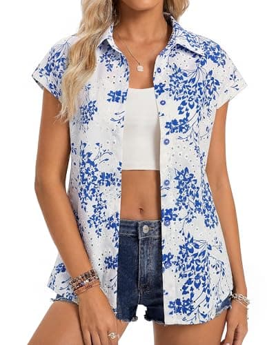 GRACE KARIN Floral Eyelet Spring Summer Tops for Women,2026 V Neck Dressy Casual Shirts,Boho Button Down Short Sleeve Blouses White Blue XL - Image 1