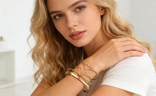 Alegend Bracelets Sets 14K Gold Plated Chic Stackable Bold Bangle Heart-Shaped Unique Four-Layered Design - Thumbnail 6