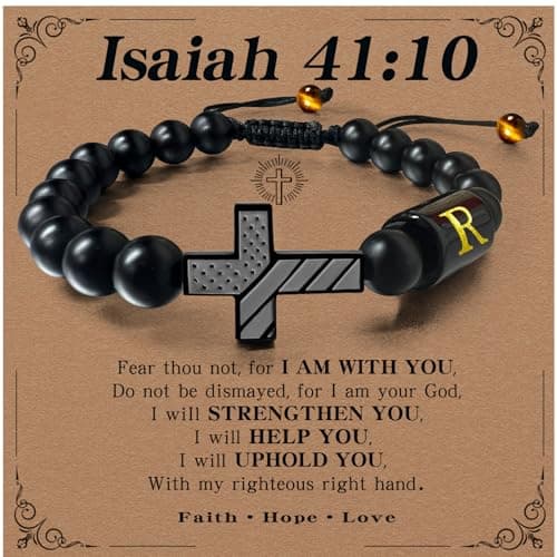 GIGLIM Cross Initial Bracelet for Men Boys, American Flag Cross with 19 Obsidian & 2 Tiger Eye Pendants, Christian Faith Jewelry in Premium Silver Gift Box, Adjustable for Easter Baptism Birthday - Image 1