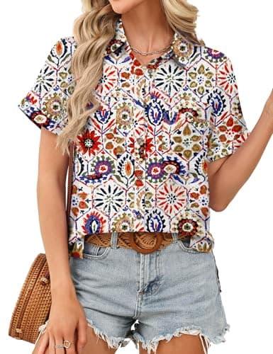 Kistore Womens Hawaiian Shirts Button Down Shirt with Pocket Short Sleeve Blouses Business Casual Work Tops Summer Outfits M - Thumbnail 6