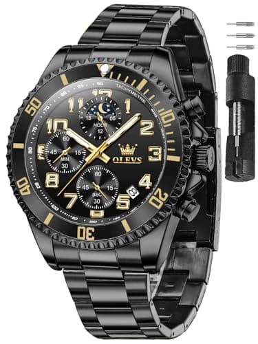 OLEVS Black Watches for Men Luxury Stainless Steel Mens Black Watch with Date Casual Men Dress Watch Waterproof Chronograph Men’s Wrist Watches Reloj para Hombre