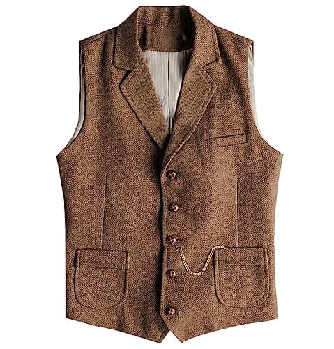 AeoTeokey Men's Tweed Suit Vest Western Herringbone Wool Casual Waistcoat for Groomsman (Brown,X-Small) - Image 1