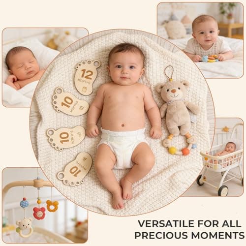 DegoCyhton Monthly Milestone Signs, Wooden baby monthly milestone Cards, Birth Announcement Sign for New Baby, Hello World Newborn Sign, 0-12 Months Newborn Photo Prop, with Drawstring Canvas Bag - Thumbnail 6