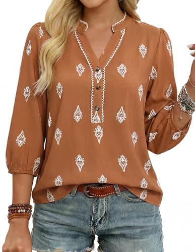 GRACE KARIN Boho Tops for Women Summer, Dressy Casual Floral Blouses, V Neck Button Up 3/4 Sleeve Shirts for Vacation Brown XL - Image 1