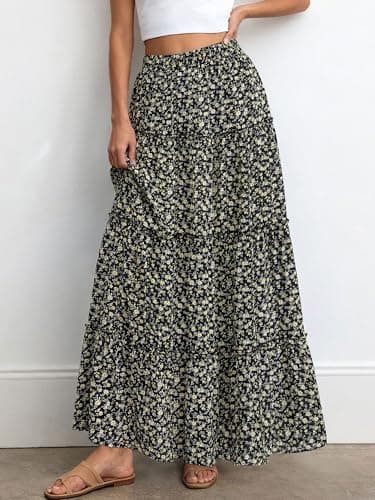 BTFBM Floral Maxi Skirts for Women Summer Spring 2026 Elastic Waist Tiered Flowy Beach Vacation Boho Midi Long Skirt(Floral Black Yellow, Large) - Thumbnail 4