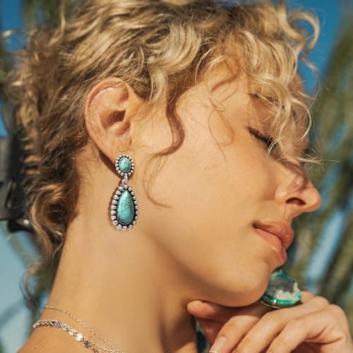 BAYLAY Boho Turquoise Earrings for Women-Western Silver Earrings Silver and Turquoise Jewelry for Women Western Earring Studs Elegant Women's Jewelry Perfect Gifts for Mom Wife Girlfriend - Thumbnail 4