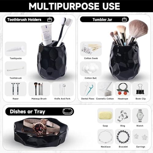 Ceramic Bathroom Accessories Set 4 PCS,Bathroom Toothbrush Holder Set,Soap and Toothbrush Holder Set,Include Toothbrush Holder,Soap Dispenser,Soap Dish,Tumbler,Bathroom Sets Decor Organizer (Black) - Thumbnail 3