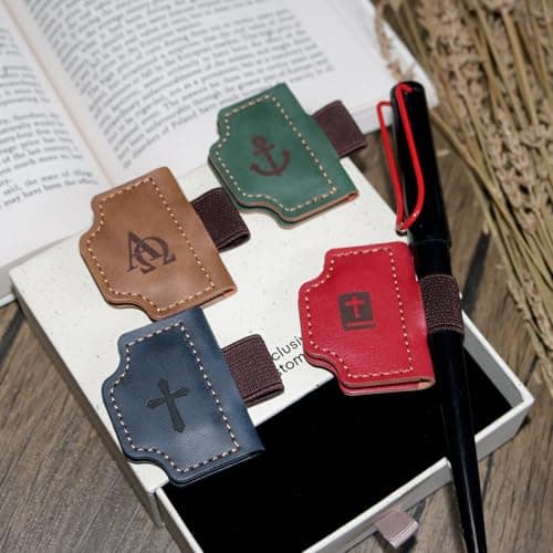 Buyborgood 4 Pcs Personalized Magnetic Leather Bookmark Pen Holder Book Lovers Christian Gifts Bygone Mark for Reading, Red-Bible + Brown-AΩ + Blue-Cross + Green-Anchor - Thumbnail 3