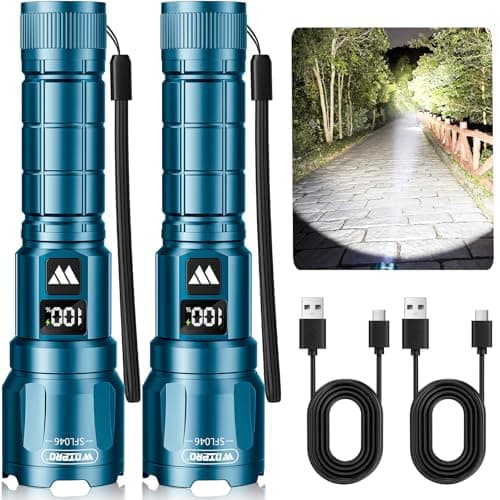 WdtPro LED Rechargeable Flashlight 2 Pack, Super Bright Zoomable 6000 Lumens Tactical Flashlight with LCD Digital Display, 3 Mode Waterproof Flash Light for Camping, Hunting & Home Emergency - Blue - Image 1