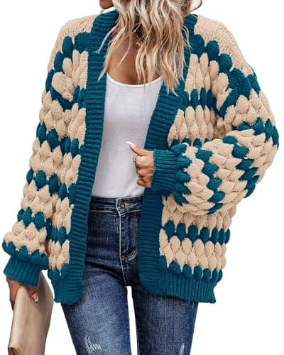 KIRUNDO Women's Cardigans Casual Long Sleeve Chunky Knit Color Block Striped Cardigan Open Front Cozy Sweater Coat Knit Outerwear Teacher Outfits (Denim Blue, X-Large) - Image 1