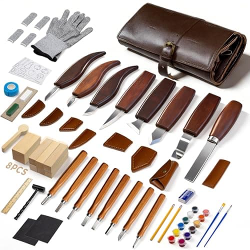 VMYTH Wood Carving Kit for Beginners - 68PCS Complete Whittling Kit with Premium Leather Storage Bag, 16 Carbon Steel Knives, 8 Basswood Blocks & Paint - DIY Woodworking Tools Gifts for Adults - Image 1