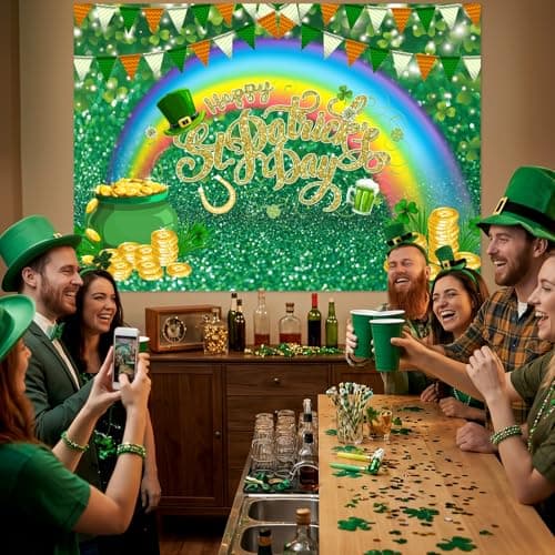 Happy St. Patrick's Day Backdrop Spring Irish Green Lucky Shamrock Leaves Photo Background for Saint Patrick's Day Birthday Baby Shower Party Decorations Photo Booth Props 5x3ft - Thumbnail 2