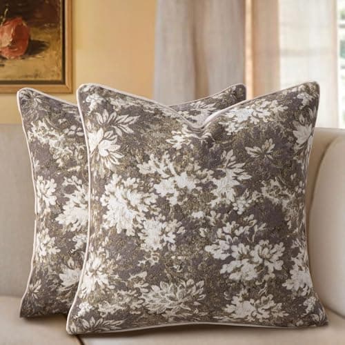 Haguko Pack of 2 Vintage Floral Throw Pillow Covers 24x24 Tapestry Chenille Euro Sham Covers Soft Decorative Farmhouse Square Accent Pillow Cases for Couch Bedroom Living Room Home Decor, Beige - Image 1