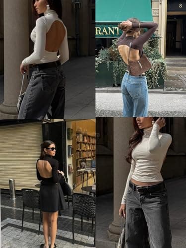 PINKMSTYLE Womens Backless Long Sleeve Turtleneck Top Double Lined Ruched Cute Going Out Tops Y2K Outfits 2025 Coffee Small - Thumbnail 5