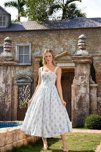 Women's Floral Corset Sundress Square Neck Sleeveless Cottagecore Dresses Summer Casual Dress Blue Size 12 - Thumbnail 4