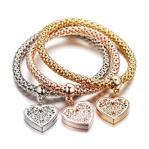 SILANER Crystal Charms Multilayer Bracelets - 3PCS Gold/Silver/Rose Gold Corn Chain Bracelet for Women, Tree of Life Heart Shaped Stretch Bracelet (Heart Charm Bracelets) - Image 1