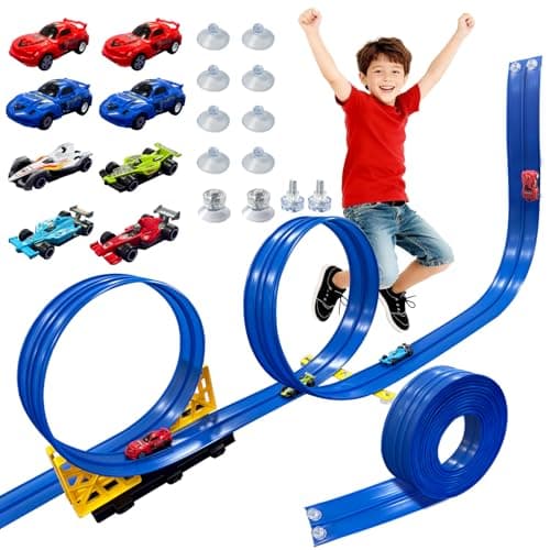 16.5 Ft Flex Race Track Car Ramps for Kids, Portable DIY Race Car Track Play Set Compatible with Standard 1:64 Scale Die-Cast Cars, Toy Gift for Boys & Girls Ages 3+,8 Vehicles That can be flexibly. - Image 1