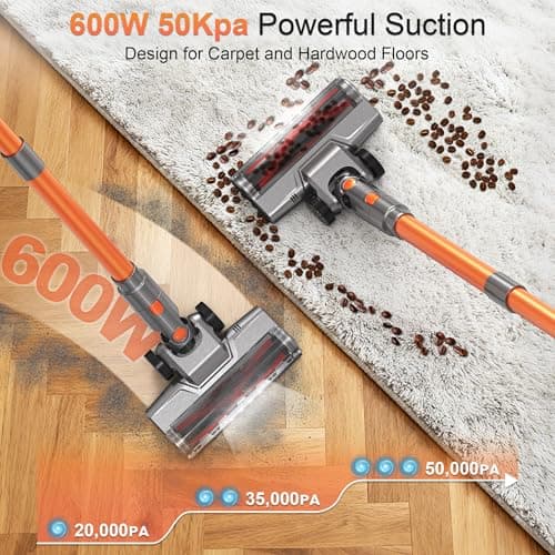 Cordless Vacuum Cleaner, 600W 50KPA 55Mins Vacuum Cleaners for Home, Stick Vacuum with LED Display, Anti-Tangle, Wall Mount, Lightweight, Rechargeable Wireless Vacumm for Pet Hair, Carpet and Floor - Thumbnail 2