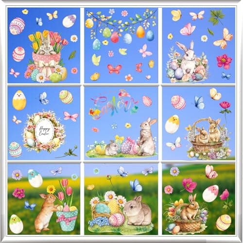 81PCS Easter Window Clings - Easter Window Clings for Glass Windows, Easter Egg Bunny Butterfly Stickers for Window Decals, Double-Sided Spring Flower Window Stickers for Easter Decorations (9 Sheets) - Thumbnail 2