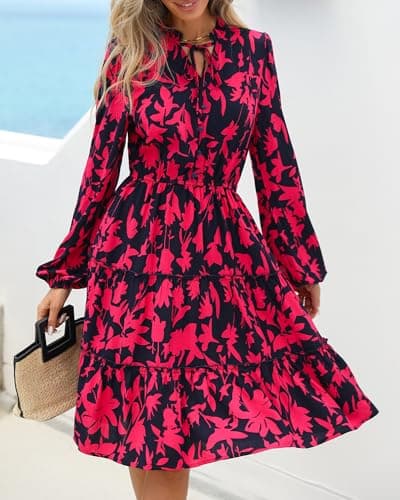 BTFBM Women Fall Dresses 2025 Floral V Neck Long Sleeve Tiered Ruffle Boho Swing Flowy A-Line Mini Dresses Vacation(Navy Rose Red Floral,XX-Large) - Thumbnail 2