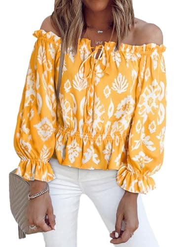 BLENCOT Women's Sexy Off Shoulder Ruffle Blouse Floral Print Drawstring Summer Casual Chiffon Shirt Top Yellow XL - Image 1