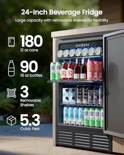 ICEVIVAL 24 Inch Beverage Refrigerator, 180 Can Under Counter Fridge, Stainless Steel Beer Fridge for Built-in & Freestanding, Outdoor Refrigerator for Soda, Beer, Wine (Black) - Thumbnail 2