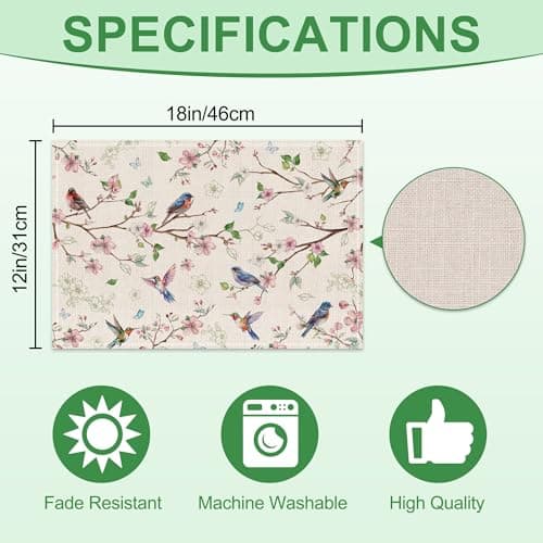 Cusugbaso Spring Placemats Set of 4 12x18 inch for Dinning Table - Floral Bird Branch Spring Decor for Party, Dinner - Farmhouse Seaosonal Table Mats Floral Decroations for Home - Thumbnail 5