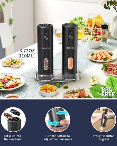 CIRCLE JOY Rechargeable Electric Salt and Pepper Grinder Set with Base, Automatic Pepper Mills with 110ml Container, External Adjustable Coarseness, White Led Light and One-Handed Operation, Black - Thumbnail 6